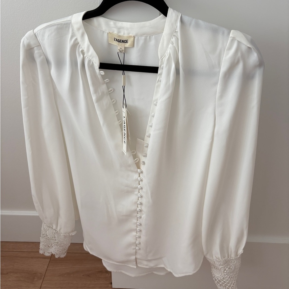 L'AGENCE White Button-Down Blouse with Lace Trim